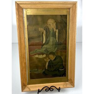 Antique Japanese Woodblock Framed Print Of Two Monks Sewing Keijo 25inL x 16inW